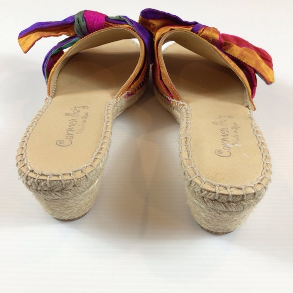 Carmen Saiz Espadrille Wedge Slide Sandals Bright Colorful Silk w/ Bow sz 39/8 - Picture 7 of 8